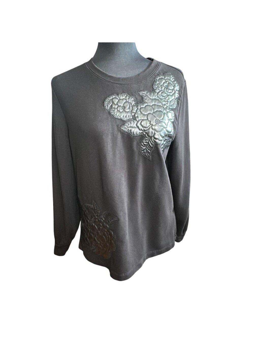 Chico's Sweatshirt Size 1 M Black Floral Faux Leather Applique Long Sleeve